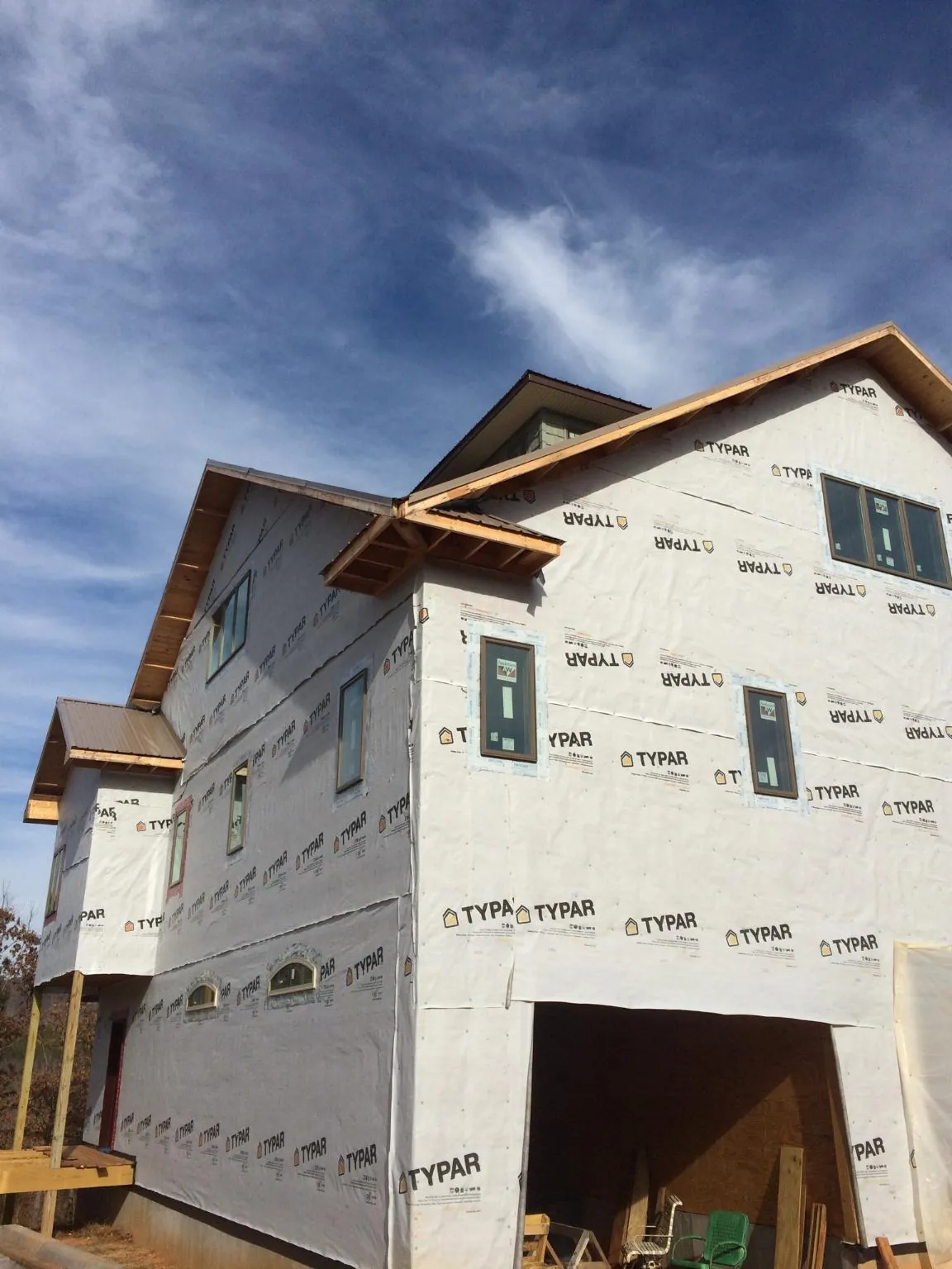 Stick built house wrapped in Typar with new roof framing and dormers in Oak Harbor